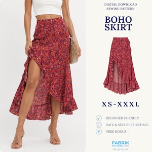 Puede incluir: Un patrón de costura digital descargable para una falda asimétrica con estampado floral en tonos rojos, rosas y naranjas. La falda presenta un dobladillo con volantes, un estilo cruzado y está disponible en tallas de la XS a la XXXL. Texto: BOHO SKIRT.