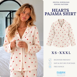May include: A digital download sewing pattern for a Hearts Pajama Shirt in sizes XS-XXL. The shirt is cream-colored with a red heart print, featuring a collared neckline, long sleeves, a front button closure, and a chest pocket.
