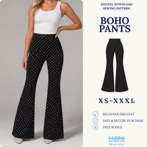 Può includere: Un cartamodello digitale da scaricare per pantaloni a zampa a vita alta in tessuto nero con motivo a pois bianchi. Il testo recita DIGITAL DOWNLOAD SEWING PATTERN, BOHO PANTS, XS-XXXL, BEGINNER FRIENDLY, SAFE & SECURE PURCHASE, FREE BONUS, FABRIK PATTERN LINE.