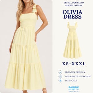 Puede incluir: Un vestido largo de color amarillo pálido con niveles, tirantes anudados y corpiño ajustado. El texto dice: DIGITAL DOWNLOAD SEWING PATTERN, OLIVIA DRESS, XS-XXXL, BEGINNER FRIENDLY, SAFE & SECURE PURCHASE, FREE BONUS, FABRIK PATTERN LINE.