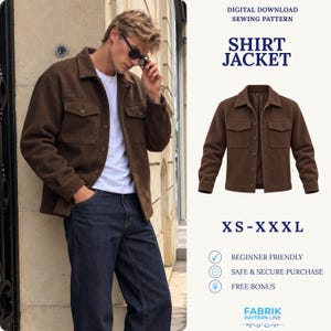Op de afbeelding: Een digitaal downloadbaar naaipatroon voor een bruin overhemdjack met kraag, knoopsluiting en twee borstzakken. De tekst luidt: DIGITAL DOWNLOAD SEWING PATTERN SHIRT JACKET XS-XXL BEGINNER FRIENDLY SAFE & SECURE PURCHASE FREE BONUS FABRIK PATTERN LINE.