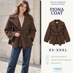 Könnte beinhalten: Ein brauner Mantel mit breitem Kragen, langen Ärmeln und einem Bindegürtel. Der Text lautet: Digital Download Sewing Pattern, Fiona Coat, XS-XXXL, Beginner Friendly, Safe & Secure Purchase, Free Bonus, Fabrik Pattern Line.