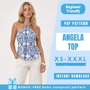 Angela Top Symönster PDF | Halterneck Topp Mönster | Öppen Rygg Sommartopp | Enkelt Nybörjarmönster | Dam Symönster