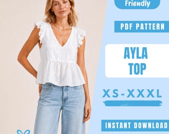 Ayla Top naaipatroon PDF | Toppatroon | Zomertop met ruchesmouwen | Eenvoudig patroon voor beginners | Direct downloaden | Naaipatroon voor dames