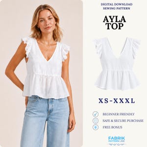 Puede incluir: Una blusa blanca sin mangas con escote en V y mangas con volantes y ojales. El texto dice: DIGITAL DOWNLOAD SEWING PATTERN AYLA TOP XS-XXXL BEGINNER FRIENDLY SAFE & SECURE PURCHASE FREE BONUS FABRIK PATTERN LINE.
