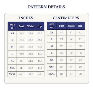 May include: A size chart titled PATTERN DETAILS with two tables. The left table lists measurements in inches for bust, waist, and hip across sizes XS to XXXL. The right table lists corresponding measurements in centimeters for the same sizes.