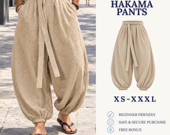 Cartamodello per pantaloni Hakama | Cartamodello per pantaloni da donna | Cartamodello per pantaloni Harem | Pantaloni a palloncino | Pantaloni a gamba larga | Cartamodello PDF