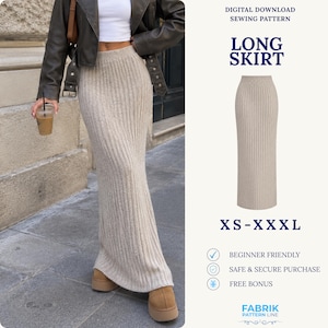 May include: A digital download sewing pattern for a long, ribbed, beige skirt. The text on the image reads: DIGITAL DOWNLOAD SEWING PATTERN, LONG SKIRT, XS-XXL, BEGINNER FRIENDLY, SAFE & SECURE PURCHASE, FREE BONUS, and FABRIK PATTERN LINE.