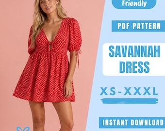 Tie Front Dress Sewing Pattern PDF | Puff Sleeve Mini Dress Pattern | Romantic Summer Dress | Easy Beginner Pattern | Women Sewing Pattern