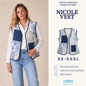 Naaipatroon voor een gewatteerd vest | Vest met knoopsluiting | Mouwloos jasje | Damesvest naaien | Eenvoudig patroon voor beginners | Naaipatroon voor dames