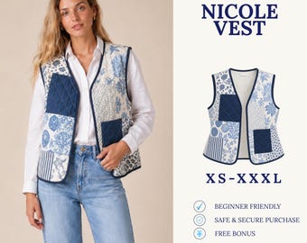 May include: A digital download sewing pattern for the Nicole Vest, featuring a quilted design with blue and white floral and striped patchwork patterns. The vest has a V-neckline, dark blue trim, and two front pockets. Sizes range from XS to XXXL.