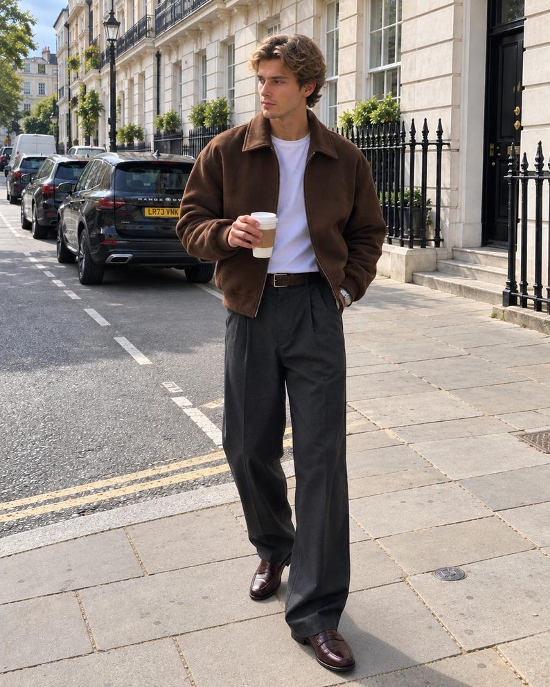 May include: A brown zip-up jacket with a collar, a plain white t-shirt, dark gray pleated trousers, a brown leather belt, and dark brown leather loafers. The outfit is worn with a silver wristwatch and a white disposable coffee cup is held.