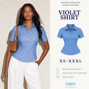 Puede incluir: Un patrón de costura digital descargable para una camisa azul de manga corta titulada Violet Shirt. El patrón está disponible en tallas XS-XXXL y se indica como apto para principiantes. La imagen muestra el diseño y el texto.