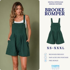 May include: A digital download sewing pattern for the Brooke Romper, featuring a dark green romper with wide straps, side pockets, and button details. The text includes Digital Download Sewing Pattern, Brooke Romper, XS-XXXL, Beginner Friendly, Safe & Secure Purchase, Free Bonus, and Fabrik Pattern Line.