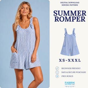 May include: A digital download sewing pattern for a summer romper featuring a blue and white vertical striped design with tie-shoulder straps and side pockets. The text reads DIGITAL DOWNLOAD SEWING PATTERN, SUMMER ROMPER, XS-XXXL, BEGINNER FRIENDLY, SAFE & SECURE PURCHASE, FREE BONUS, and FABRIK PATTERN LINE.