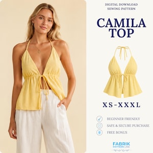 Pode incluir: Um molde de costura digital para download do top Camila, uma peça amarela estilo frente única com um decote em V profundo e um fecho de laço frontal. O molde está disponível nos tamanhos XS a XXXL e é indicado para iniciantes.