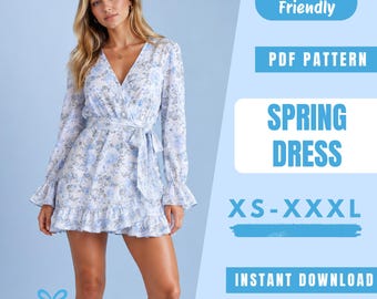 Wrap Mini Dress Sewing Pattern PDF | Long Sleeve Ruffle Dress Pattern | Romantic Boho Dress | Easy Beginner Pattern | Women Sewing Pattern