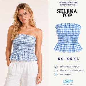 Patron de couture PDF du top Selena | Patron de top tube froncé | Top péplum sans bretelles | Patron facile pour débutants | Patron de couture femme