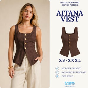 May include: A brown sleeveless vest with a square neckline and four gold-toned buttons down the front. The text on the image reads Digital Download Sewing Pattern Aitana Vest XS-XXXL, Beginner Friendly, Safe & Secure Purchase, Free Bonus, Fabrik Pattern Line.