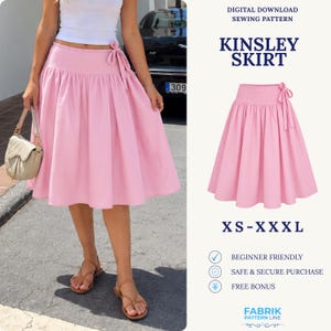 May include: A digital sewing pattern for the Kinsley Skirt, available in sizes XS-XXXL. The image displays a pink, knee-length skirt with a side tie detail, a gathered waistband, and a flared silhouette, alongside text detailing the pattern name.