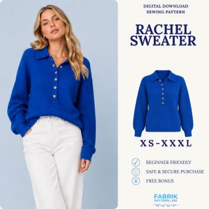 May include: A digital download sewing pattern for the Rachel Sweater, a long-sleeved, royal blue knit pullover featuring a collared neckline, a button-up placket, and ribbed cuffs. The pattern is available in sizes XS through XXXL.