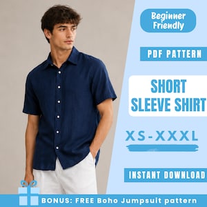 Könnte beinhalten: Ein dunkelblaues kurzärmeliges Hemd mit Knopfleiste und Kragen. Das Bild enthält den Text: Beginner Friendly, PDF PATTERN, SHORT SLEEVE SHIRT, XS-XXXL, INSTANT DOWNLOAD und BONUS: FREE Boho Jumpsuit pattern.