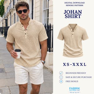 May include: A beige short-sleeved shirt with a textured fabric, a mandarin collar, and a three-button placket. The digital download sewing pattern is labelled Johan Shirt, available in sizes XS-XXXL, and includes beginner friendly instructions.