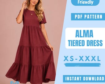 Alma Tiered Maxi Dress Sewing Pattern PDF | Short Sleeve Dress Pattern | Boho Summer Dress | Easy Beginner Pattern | Women Sewing Pattern