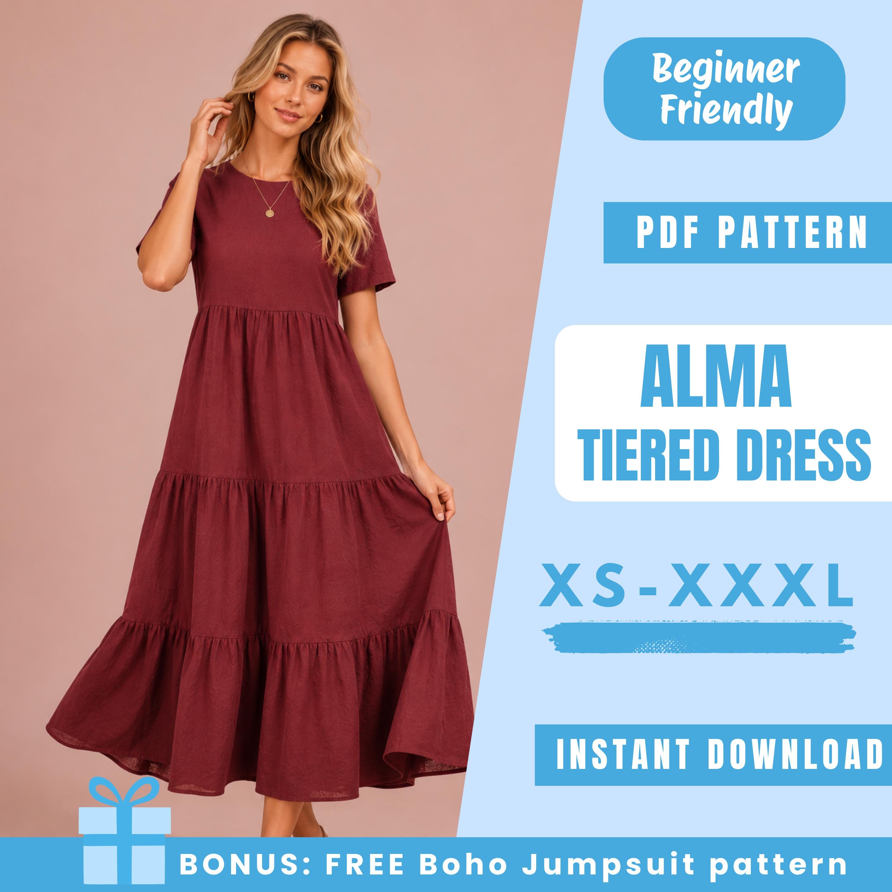 boho tiered dress pattern Alma Maxi Sewing PDF | Short Sleeve Dress Pattern | Summer Dress | Easy Beginner Pattern | Women Sewing Pattern Size:US16