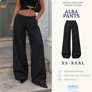 Könnte beinhalten: Digitales Schnittmuster zum Download für die Alba Hose, mit weitem Bein aus dunkelgrauem Stoff. Das Schnittmuster ist in den Größen XS bis XXXL erhältlich. Der Text auf dem Bild lautet: Digital Download Sewing Pattern, Alba Pants, XS-XXXL.