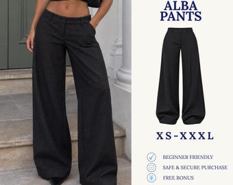 Könnte beinhalten: Digitales Schnittmuster zum Download für die Alba Hose, mit weitem Bein aus dunkelgrauem Stoff. Das Schnittmuster ist in den Größen XS bis XXXL erhältlich. Der Text auf dem Bild lautet: Digital Download Sewing Pattern, Alba Pants, XS-XXXL.