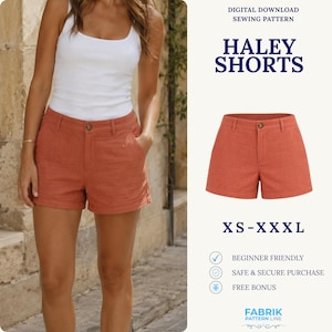 May include: Digital download sewing pattern for Haley Shorts in sizes XS-XXL. The shorts are terracotta orange with a button closure, belt loops, and side pockets. The image displays the shorts on a model and as a standalone product graphic.
