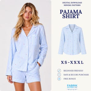 Pode incluir: Um molde de costura digital para download para uma camisa de pijama. A camisa apresenta listras verticais azul-claras e brancas com pequenos corações vermelhos, gola, mangas compridas e um bolso frontal. Tamanhos de XS a XXXL.
