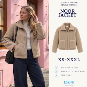 May include: A digital sewing pattern for the Noor Jacket, featuring a beige fleece-textured zip-up jacket with a collar and two front pockets. The pattern is available in sizes XS through XXXL and includes text labels for beginner friendly.