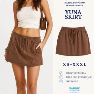 May include: A brown mini skirt with an elastic waistband, a drawstring tie, and a subtle eyelet pattern. The text reads: DIGITAL DOWNLOAD SEWING PATTERN YUNA SKIRT XS-XXXL BEGINNER FRIENDLY SAFE & SECURE PURCHASE FREE BONUS FABRIK PATTERN LINE.