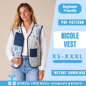 May include: A quilted vest featuring a patchwork design of blue and white floral and geometric patterns with solid dark blue quilted pockets. Text includes: Beginner Friendly, PDF PATTERN, NICOLE VEST, XS-XXXL, INSTANT DOWNLOAD, BONUS: FREE Boho Jumpsuit pattern.