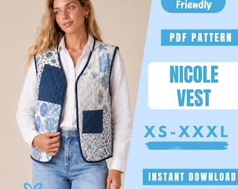 Steppweste-Nähschnittmuster | Weste mit Knopfleiste | Ärmellose Jacke | Damenweste nähen | Einfaches Anfängermuster | Damen-Nähschnittmuster