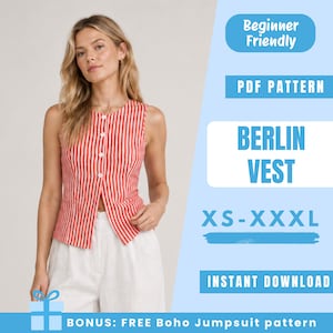 Puede incluir: Un chaleco sin mangas con un patrón de rayas verticales rojas y blancas, con cierre de botones en la parte delantera. El texto en la imagen dice: Beginner Friendly, PDF PATTERN, BERLIN VEST, XS-XXXL, INSTANT DOWNLOAD, BONUS: FREE Boho Jumpsuit pattern.