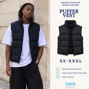 Puede incluir: Un patrón de costura digital para un chaleco acolchado negro con cuello alto y cremallera frontal. El texto dice: DIGITAL DOWNLOAD SEWING PATTERN, PUFFER VEST, XS-XXXL, BEGINNER FRIENDLY, SAFE & SECURE PURCHASE, FREE BONUS, FABRIK PATTERN LINE.