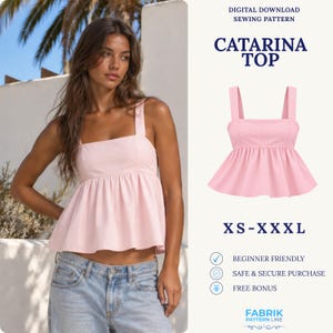 May include: A light pink peplum top with wide shoulder straps and a square neckline. The text reads: DIGITAL DOWNLOAD SEWING PATTERN CATARINA TOP XS-XXXL BEGINNER FRIENDLY SAFE & SECURE PURCHASE FREE BONUS FABRIK PATTERN LINE.