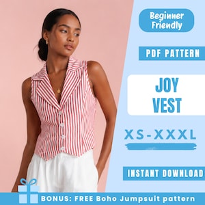 Puede incluir: Un chaleco sin mangas con un patrón de rayas verticales rojas y blancas, solapa con muesca y cuatro botones frontales. El texto en la imagen dice: Beginner Friendly, PDF PATTERN, JOY VEST, XS-XXXL, INSTANT DOWNLOAD, BONUS: FREE Boho Jumpsuit pattern.