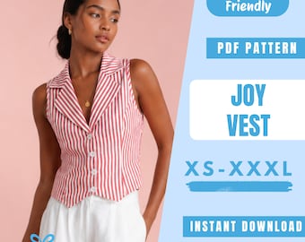 Tailored Vest Sewing Pattern PDF | Button Front Waistcoat Pattern | Sleeveless Blazer Vest | Easy Beginner Pattern | Women Sewing Pattern