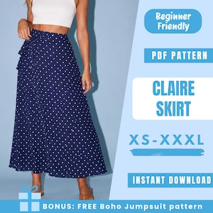 May include: A navy blue wrap skirt with a white polka dot pattern. The text on the right reads: Beginner Friendly, PDF PATTERN, CLAIRE SKIRT, XS-XXXL, INSTANT DOWNLOAD, BONUS: FREE Boho Jumpsuit pattern. The skirt is worn with a white crop top.