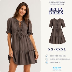 May include: A dark gray mini dress with short puff sleeves, a tiered skirt, and a front tie closure with ruffled trim. The text reads: DIGITAL DOWNLOAD SEWING PATTERN BELLA DRESS XS-XXXL BEGINNER FRIENDLY SAFE & SECURE PURCHASE FREE BONUS FABRIK PATTERN LINE.