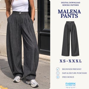 Könnte beinhalten: Digitales Schnittmuster zum Download für die Malena Hose, eine hoch taillierte Hose mit weitem Bein aus dunkelgrauem Stoff mit feinen weißen Nadelstreifen. Das Design umfasst Vorderfalten, einen Knopfverschluss und Größen von XS bis XXXL.