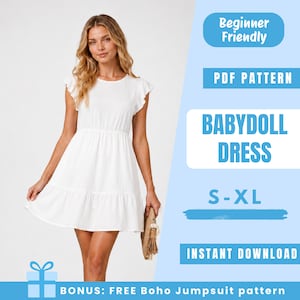 Puede incluir: Un vestido blanco de estilo babydoll con mangas con volantes y una falda escalonada. El vestido se muestra en una modelo. El texto en la imagen dice "Beginner Friendly", "PDF Pattern", "BabyDoll Dress", "S-XL" e "Instant Download".