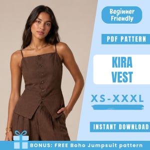 Puede incluir: Un chaleco marrón sin mangas con tirantes finos y cierre de botones frontal. El texto en la imagen dice: Beginner Friendly, PDF PATTERN, KIRA VEST, XS-XXXL, INSTANT DOWNLOAD, BONUS: FREE Boho Jumpsuit pattern.