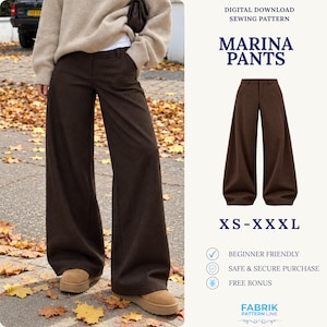May include: Dark brown wide-leg pants with a waistband, belt loops, and side pockets. The text reads: Digital Download Sewing Pattern, Marina Pants, XS-XXXL, Beginner Friendly, Safe & Secure Purchase, Free Bonus, Fabrik Pattern Line.