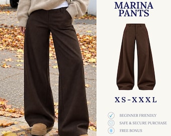 Könnte beinhalten: Dunkelbraune Hose mit weitem Bein, Bund, Gürtelschlaufen und Seitentaschen. Der Text lautet: Digital Download Sewing Pattern, Marina Pants, XS-XXXL, Beginner Friendly, Safe & Secure Purchase, Free Bonus, Fabrik Pattern Line.