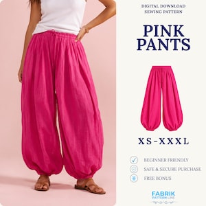 Puede incluir: Un patrón de costura de descarga digital para pantalones rosas con cintura de cordón y piernas anchas y fruncidas. El texto dice: DIGITAL DOWNLOAD SEWING PATTERN, PINK PANTS, XS-XXXL, BEGINNER FRIENDLY, SAFE & SECURE PURCHASE, FREE BONUS, FABRIK PATTERN LINE.